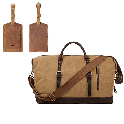 S-ZONE Oversized Leather Canvas Duffel Shoulder Weekender Mens Overnight Bag with Leather Luggage Tags