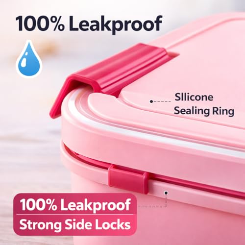 Image of YELONA Lunch Box for Office & Kids 1900ML | Double Layer Leakproof Bento Box with 5 Compartments | Microwave Safe, Built-in Spoon & Fork, BPA Free Tiffin Box - Pink