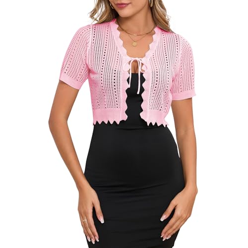 Image of Durio Womens Cardigan Short Sleeve Tie Front Tops Lightweight Shrugs Cropped Crochet Sweater Summer Cardigans for Women 2025