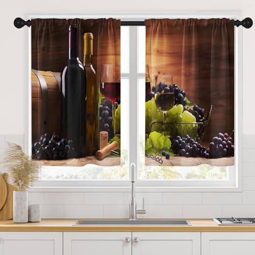 Tayney Wine Kitchen Curtains 36 Inch Length Grapes Fruit Window Short Tier Curtains Over Sink Set of 2, Summer Wooden Vintage Farmhouse Small Kitchen Decor 34x36 Inch