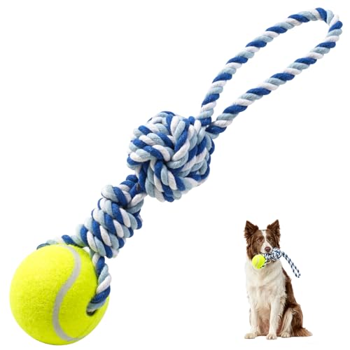 Erhalithegro Interactive Tug of War Rope Toy for Medium & Small Dogs - Outdoor Tether Tug Toy with 1 Knot & Tennis Ball Puppy Teething Chew Cotton Toy
