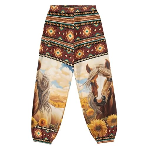 Youngerbaby Animal Horse with Sunflower Women's Harem Pants Fashion Brown Aztec Tribal Yoga Pants Joggers Leggings Casual Pants with Pockets