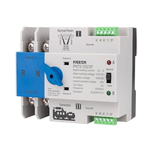 PJERJZN Automatic Transfer Switch for Generator 110V 63Amp ATS Generator Automatic Switch Transferencia Automática for Home Emergency Backup(2P 110V, 63A)