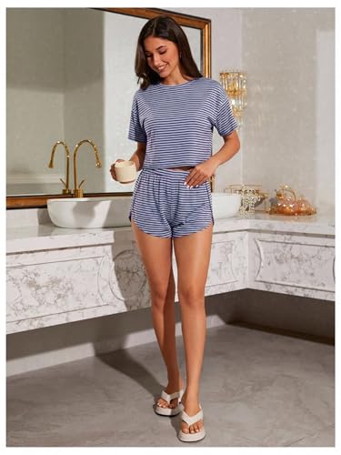 Image of OYOANGLE Womens Pajama Sets 2 Piece Sexy Lounge Sets Summer Cute Pjs Striped Print Tee and Side Split Shorts Set