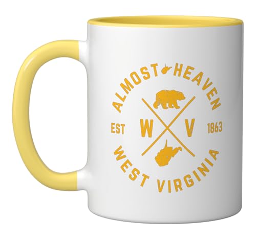 Almost Heaven West Virginia WV Bear And State Map Emblem Ceramic Mug, Yellow/White