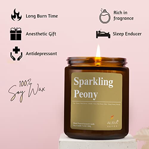 Image of AuraDecor Scented Jar Candle | Handpoured Soy Wax Candle with Long Lasting Burn Time | Premium Amber Jar Aromatherapy Candle | Ideal Gift for Home & Decor (Extra Large, Sparkling Peony)