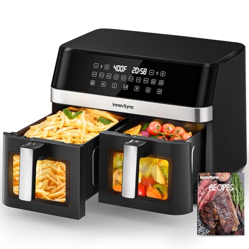 12QT Large Dual Air Fryer, 60° Easy-Panel with Full Touchscreen, SyncCook Function Reddish Black
