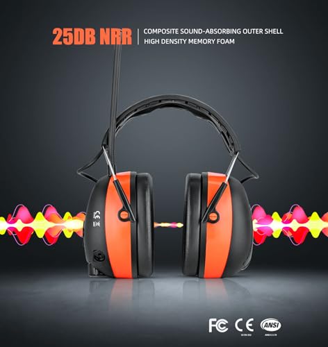 Hocazor HP033 Bluetooth 5.3 Hearing Protection AM FM Radio Headphones, 25dB NRR Noise Reduction Safety Earmuffs with 2000mAh Rechargeable Battery for Mowing Workshops, Orange