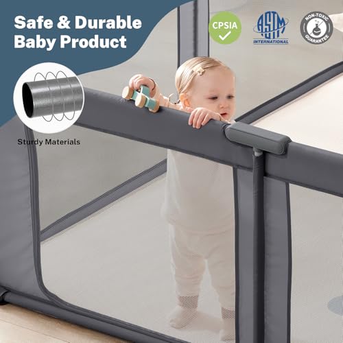 Image of Baby Playpen Portable, Pre-Assembled Play Pen 71x79 Large Foldable Playpen for Babies and Toddlers, Sturdy and Safe Toddler Play Yard Indoor Outdoor with Carry Bag,Dark Grey