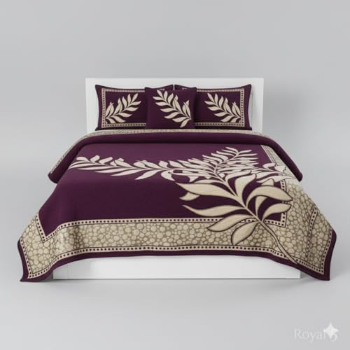 Image of Fresh from Loom Printed Bed Cover with Leaf Print Design, Chenille 500 TC Bedding Fabric, Bedsheet Set with 2 Pillow Covers, Soft Breathable Bed Cover for Bedroo 90x100 Inches | Purple | Chenille