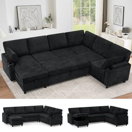 Image of 110 inch Chenille Sectional Sofa w /Pull Out Bed & Storage Chaise, Black | Reversible U Shape Sofa w /Storage Armrests & Cup Holders, Corner Couch w /USB Charging Port & Throw Pillows for Living Room