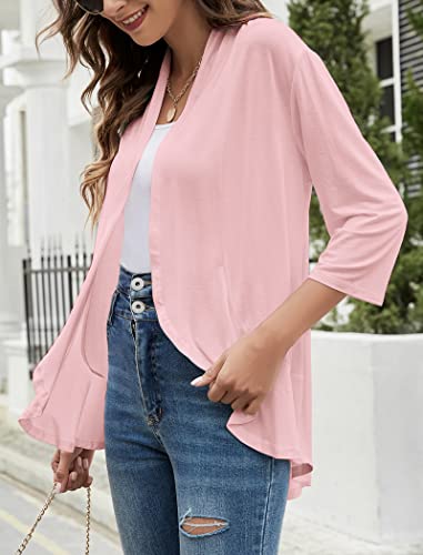 Image of Yekaty Women Cardigan 3 /4 Sleeves Open Front Lightweight Cardigan Draped Ruffles Knit Cardigan