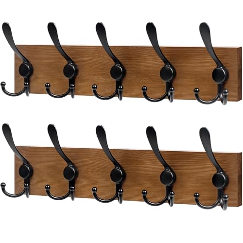 RELBRO Coat Rack Wall Mount, 16.7 Inch Wooden Wall Coat Hanger with 5 Triple Hooks, No Assembly, Brown, 2 Pcs