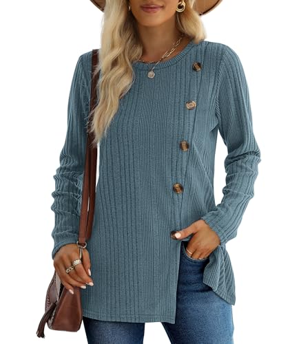 XIEERDUO Pullover Damen Herbst Winter Strickpullover Damen Rundhals Langarmshirt Damen Schlitz Tunika Top Damen mit Knöpfen Oberteile Elegant Blau S