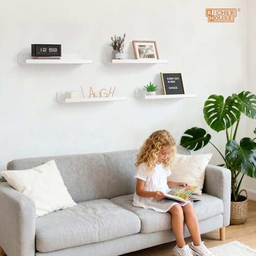 RICHER HOUSE 4er Set Wandregal Weiß, 38 cm Acryl Schwebendes Regal ohne Bohren Wand, Doppelte Befestigung (Kleber oder Schrauben) für Schlafzimmer, Bad, Küche, Wohnzimmer Lagerung & Organisation