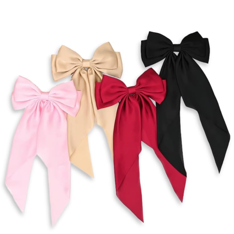 Image of FilterFashion Big Satin Layered Hair Bows for Women Girls 11.5 Inch Barrette Hair Clip Long Back Ribbon Bows French Style Hair Accessories (Black,Maroon,BabyPink,Gold)
