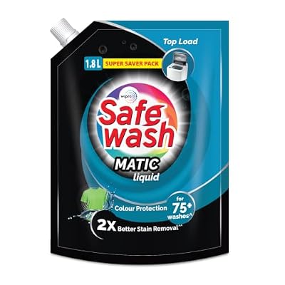 Safewash Top Load Matic Premium Liquid Detergent 1.8 L Refill Pouch with Colour-Protect Technology | 2x Stain Removal | For All Types of Fabrics