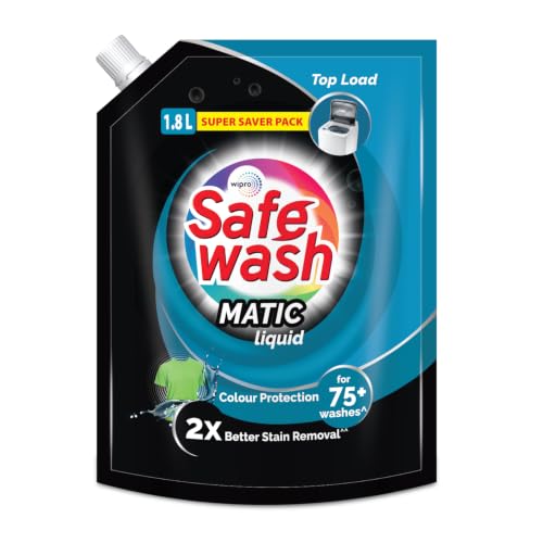 Safewash Top Load Matic Premium Liquid Detergent 1.8 L Refill Pouch with Colour-Protect Technology | 2x Stain Removal | For All Types of Fabrics