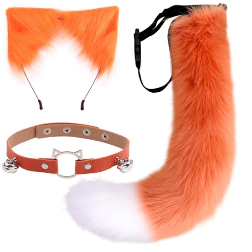 DRESHOW Fox Faux Fur Tail Cat Ears Headband Halloween Party Costume Neck Choker Cosplay Set for Women