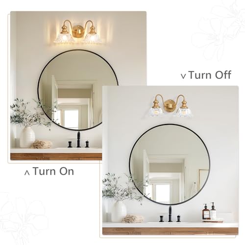 Image of 2 Lights Gold Vintage Bathroom Vanity Light Fixture Over Mirror | Floral Transparent Glass Shades,Antique Wall Sconces,Wall Mount Up or Down, E26 Socket, Hardwired, 120V