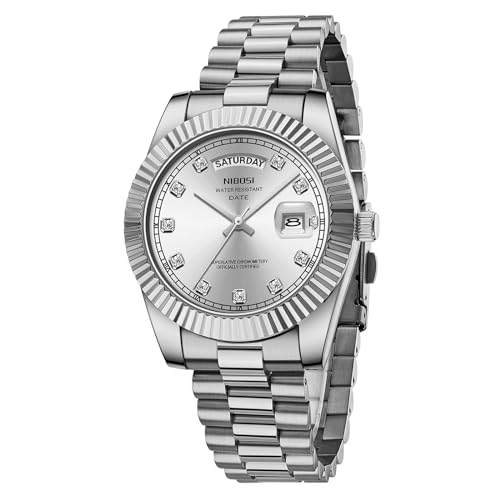 NIBOSI Men Watches Analog Quartz Stainless Steel Watches for Men Waterproof Business Classic Desiger Wrist Watch Day-Date(Silver)