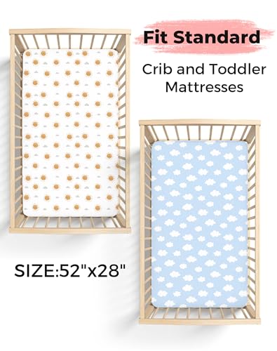Image of Crib Sheets for Boys and Girls, 2 Pack Fitted Baby Sheets for Standard Toddler Mattress 28 inch x 52 inch, Soft Breathable Jersey Knit Baby Bedding (Sunny Morning)