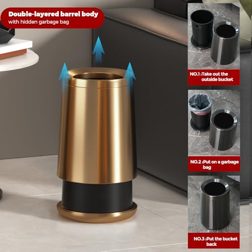 Image of 10L /2.6 Gallon Rose Gold Stainless Steel Trash Can,Brush Gold Bathroom Garbage Can,Open Top Trash can for Bathroom,Bedroom,Hotel,Kitchen,RV (Rose Gold)