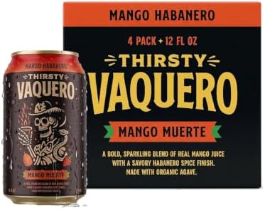 Thirsty Vaquero, Mango Habanero Flavored soda (Mango Muerte), Mexican-inspired soda, Real Fruit Juice & Savory Spices, Made with Organic Agave, Low Calorie, Natural Juice, 12 oz Cans, 4-Pack