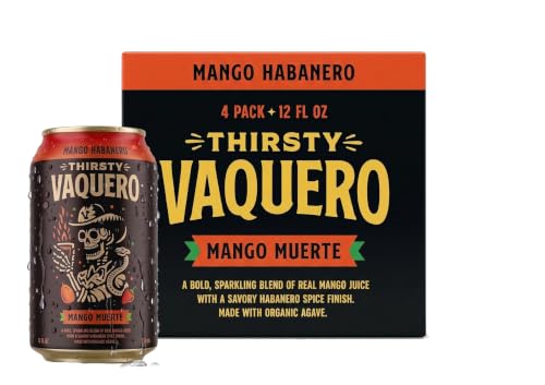 Image of Thirsty Vaquero, Mango Habanero Flavored soda (Mango Muerte), Mexican-inspired soda, Real Fruit Juice & Savory Spices, Made with Organic Agave, Low Calorie, Natural Juice, 12 oz Cans, 4-Pack