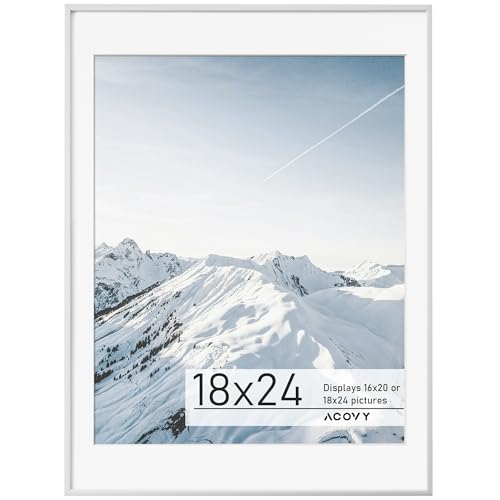 Acovy 18x24 Silver Frame, 18x24 Frame Matted to 16x20, Metal 18 x 24 Picture Frames For Wall, Aluminum 18 by 24 Poster Frame with HD Tempered Glass, Wall Hook Included (Silver, Pack of 1)