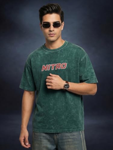 Image of Veirdo Heavy GSM Pure Cotton Men's Graphic Print Oversized Fit Half Sleeve Round Neck Cotton Acid Wash Print T-Shirt in Different Colors with Sizes ranging from S to 2XL.