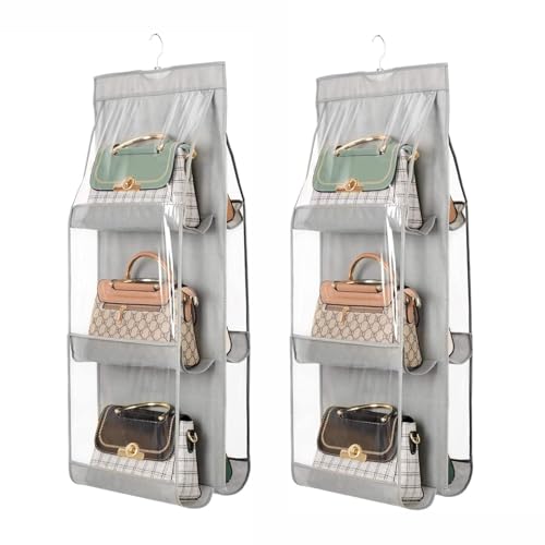 Image of 6 Pocket Hanging Handbag Organizer - Multi-Compartment Purse Storage with Adjustable Hooks - Space-Saving Closet Organizer for Handbags, Purses, Wallets - Durable, Home (2 Pcs Grey)