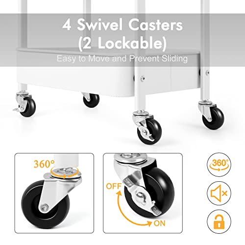 smusei 3 Tier Rolling Utility Cart with Wooden Board, Metal Rolling Storage Cart with Lockable Wheels, White Organizer Cart with 2 Baskets for Living Room, Bathroom, Bedroom, Office, Kitchen