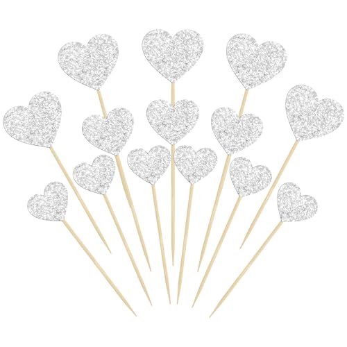 Gyufise 30Pcs Heart Cupcake Toppers Glitter Sweet Love Theme Cupcake Picks Valentine's Day Cake Decorations for Wedding Engagement Bridal Shower Birthday Party Cake Decorations Supplies Silver
