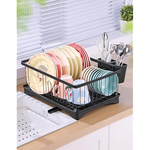 funest Dish Drying Rack, Dish Rack with 360° Auto-Drain Swivel Spout, Dish Drainer for Kitchen Counter, Large-Capacity Kitchen Organizer and Decor Cover