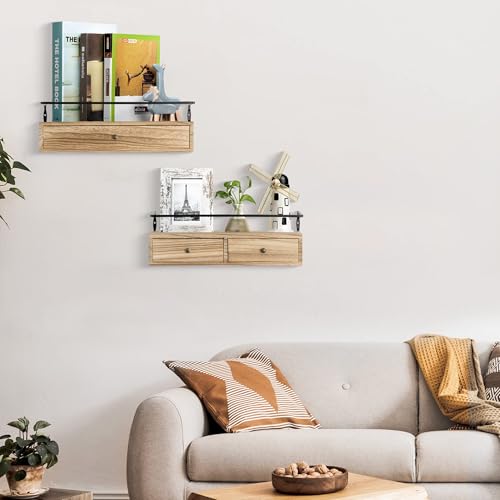 DreamPossible Floating Shelves - Wall Mounted Bathroom Shelf Set of 2 with Drawers, Rustic Wood Shelves for Bedroom, Living Room, Kitchen, Wall Decor, Plants, Books (Brown) - Thumbnail 4