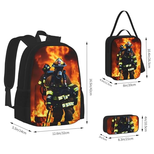 Firefighter Fireman Flame print Backpack with Lunch Box, Set of 3 Backpacks Matching Combo, Lightweight Pencil Case, Black4