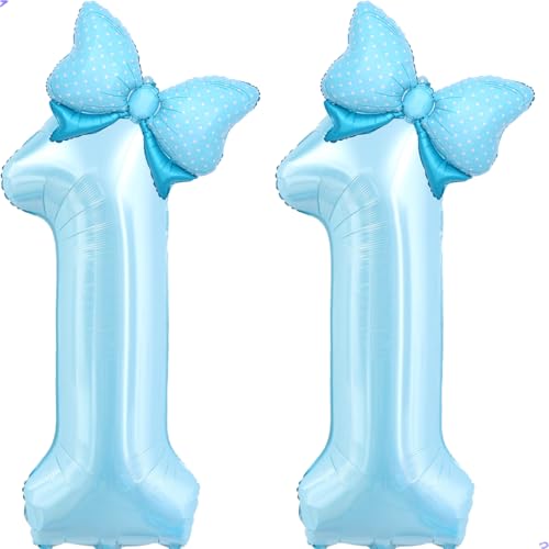 Image of Light Blue 11 Balloon Number Blue Coquette Birthday Decorations for Girls, Blue Bow Balloons Foil Mylar Large 40 inch 11 Balloon for Girls Bows Coquette 11th Birthday Party Decorations Supplies