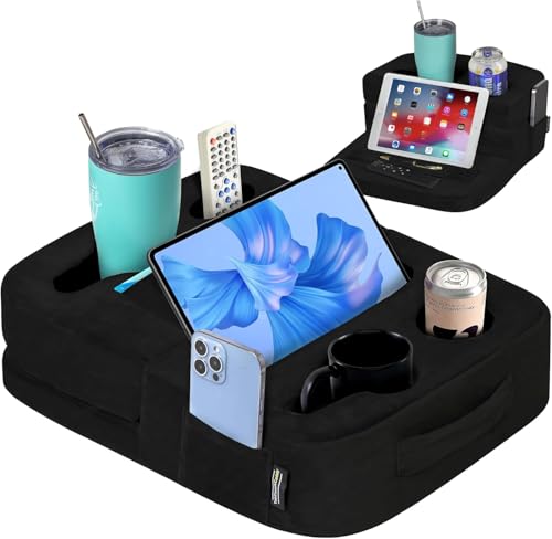 TabCouchCaddy - Couch Cup Holder Tray Pillow - Bed Couch Caddy Sofa RV & Car - Holds Drinks Snacks Remotes Phones Kindle Tablet | Bed Cup Holder (Black)