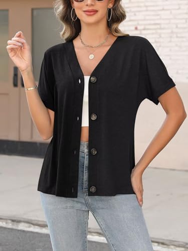 ORANDESIGNE Women's Short Sleeve V Neck Tops Casual Button Down Summer T Shirts Basic Ladies Tees4