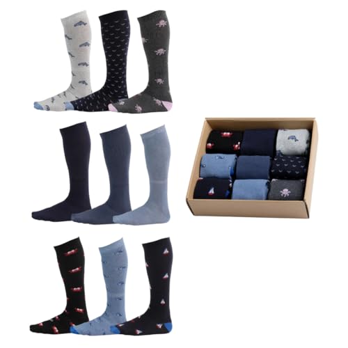 Pierre Henry Over the Calf Socks for Men (9 pairs) | Cotton Casual Dress Socks | Long Socks Stays up12+ hr| Size 7-11 |12-16