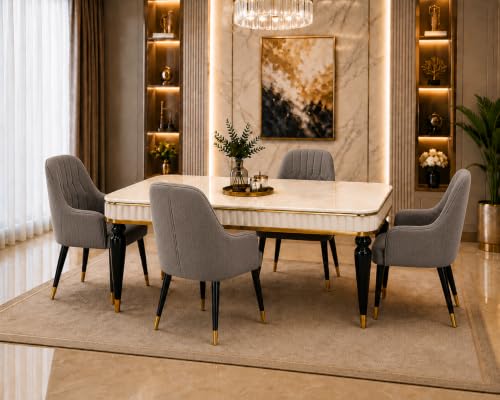Image of 4 Seater Dining Table Set with Nano Composite Marble Top, Solid Wood Base & 4 Upholstered Chairs, Modern Dining Table Set for Home & Dining Room Furniture (Gray, White Marble Top, 4 Seater)