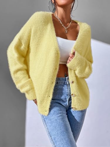 SHENHE Women's Cardigan Sweater Fuzzy Button Down Long Sleeve Open Front Drop Shoulder Cardigan Outwear3