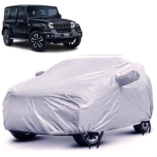 Image of SENSI Waterproof, UV Protection Car Cover for Mahindra Thar with 4 Tyre Belts & Mirror Pockets|, 3-Layer Stitched, Cover - Protects Against Dust, Sun & Rain
