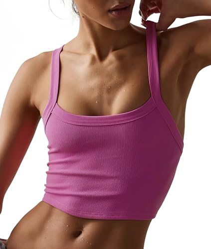 Image of Tank Tops for Women Scoop Neck Crop Tops Athletic Workout Tops Cute Seamless Cami Ribbed Tank Top