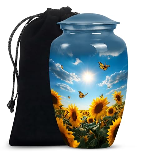 Image of Butterfly with Sunflower Urn for Ashes for Women - Large Urns for Human Ashes Adult Female - Yellow Sunflower Urn for Adult Mom and Dad - Large Decorative Urns for Handmade 10inch