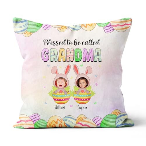 Blessed to Be Called Grandma Kids Eggs Bunnies Ears, Personalized Square Pillow, Gifts for Grandma Nana from Grandkids