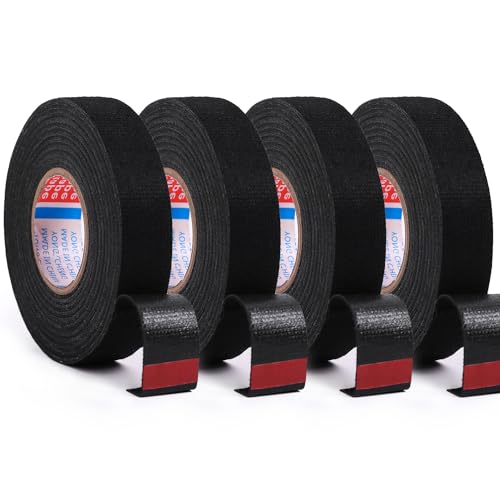 4 Rolls Black Wire Harness Cloth Tape, Speaker Wiring Harness Cloth Tape, for Automobile Electrical Wire harnessing Noise Dampening Heat Proof (Width: 15mm, Length: 50Ft)