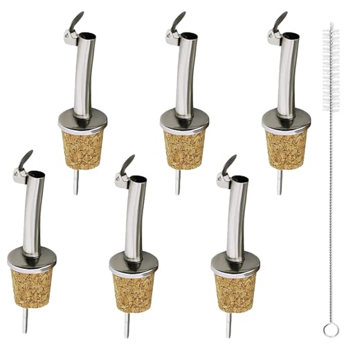 Versatore di bottiglie in sughero con coperchio versatore, 6 tappi in acciaio inox, versatore libero con 1 spazzola per la pulizia di liquori, vino, olio, liquore e aceto