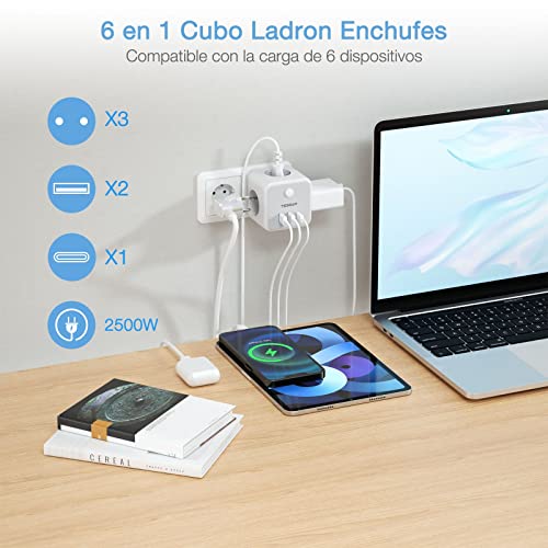 TESSAN Ladron Enchufes con USB C, 6 en 1 Cubo Cargador Ladrón Enchufes, Triple Multiple con 3 USB, Multiple Pared con Interruptor, Regleta Pared Compatible con Phone, Pad, Hogar Oficina - imagen 2